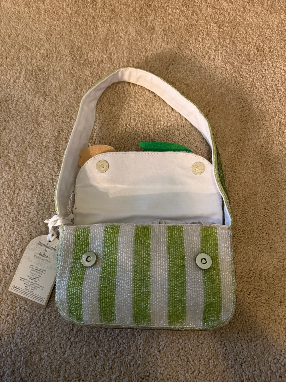 Handmade Green & White Striped Beaded Crossbody with Yellow Tulip - Picture 8 of 9